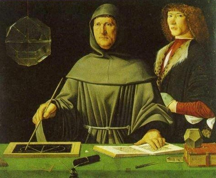 Retrato de Luca Pacioli con un dodecaedro a su derecha, hecha por Jacobo de Barbari (1495)